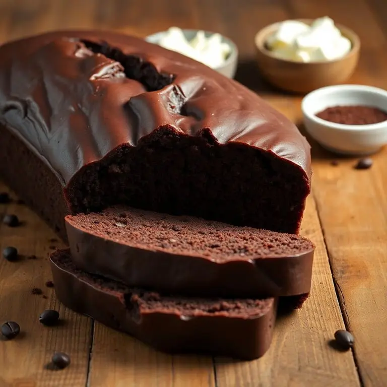 A rich chocolate cream cheese pound cake sliced to reveal its moist and dense texture, garnished with a dusting of powdered sugar and fresh berries on the side