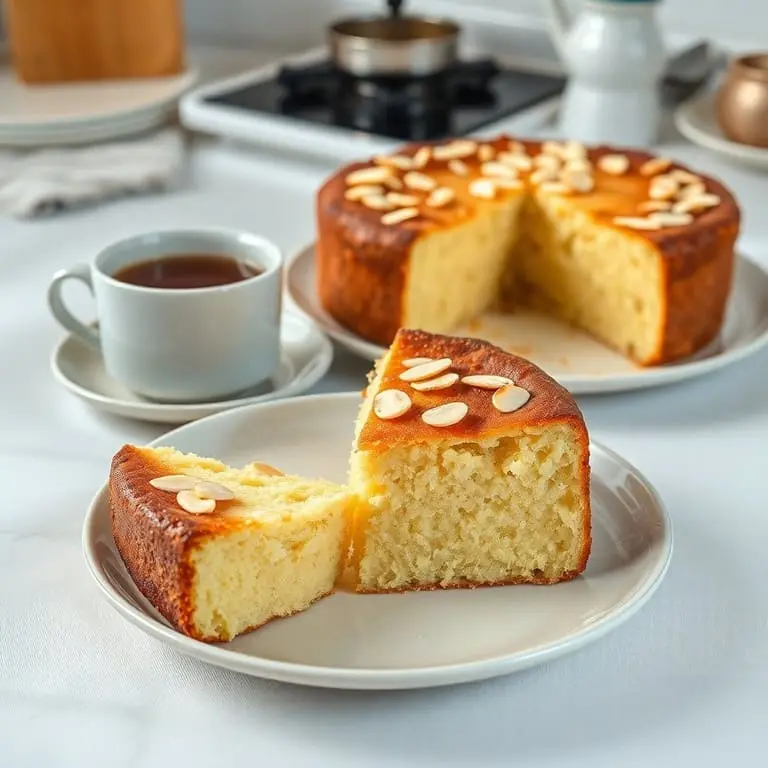 Slice of moist kefir sheet cake on a plate with a recipe card and fresh ingredients nearb