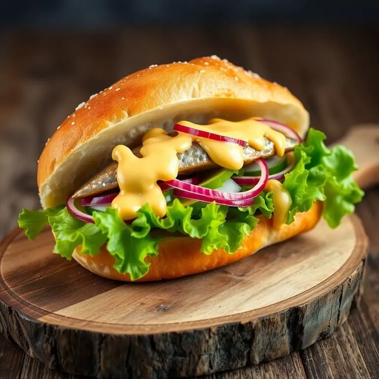 Matjesbrötchen recipe with marinated herring fillets, soft bread roll, onions, lettuce, and creamy sauce