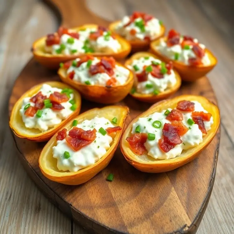 Air fryer baked potato skins topped with creamy cottage cheese and garnished with fresh herbs, served on a plate