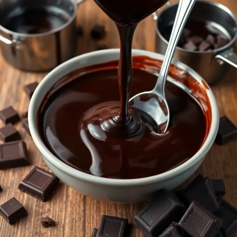 Freshly made Black Label chocolate sauce in a saucepan with a whisk, surrounded by cocoa powder, sugar, heavy cream, and a storage jar on a clean kitchen countertop