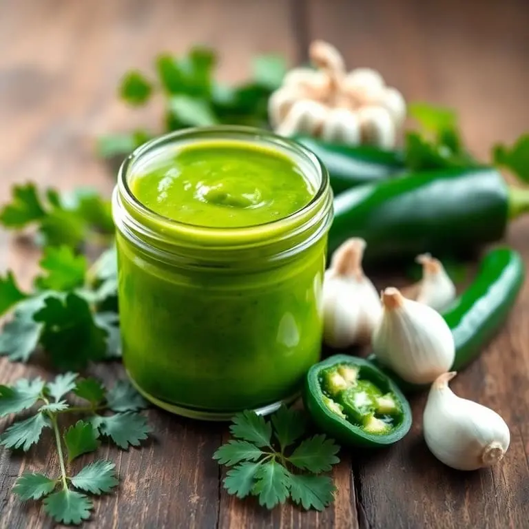 Arepa Zone's cilantro-garlic sauce in a small glass bowl, garnished with fresh cilantro, with garlic cloves, lime wedges, and cilantro bunches nearby on a rustic wooden cutting board