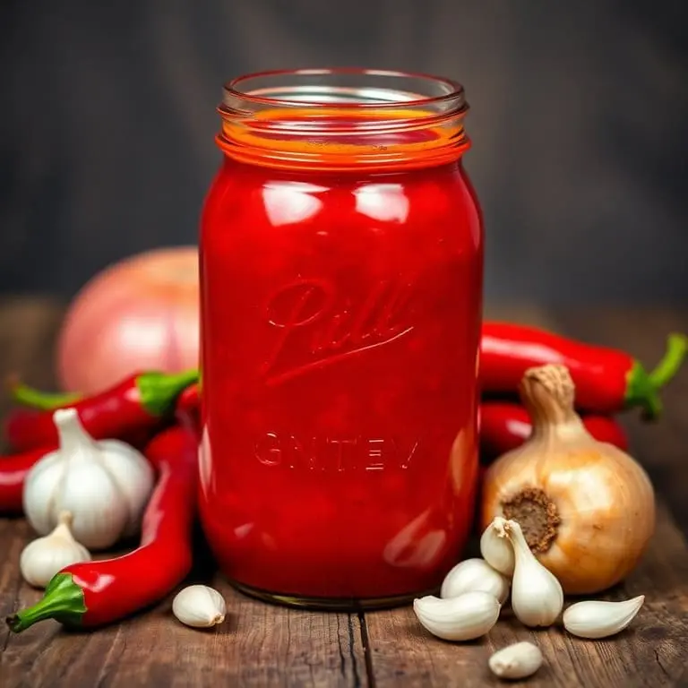 Chili Mae e Pim sauce in a glass jar, garnished with sesame seeds and chopped chili peppers, surrounded by fresh chilies, garlic, and soy sauce on a wooden surface