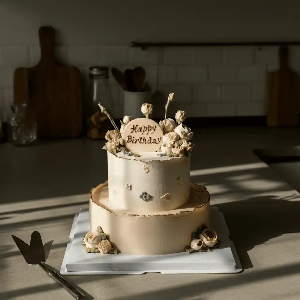 single mom in a cozy kitchen carefully baking a birthday cake for her ex-husband, emphasizing a positive co-parenting relationship