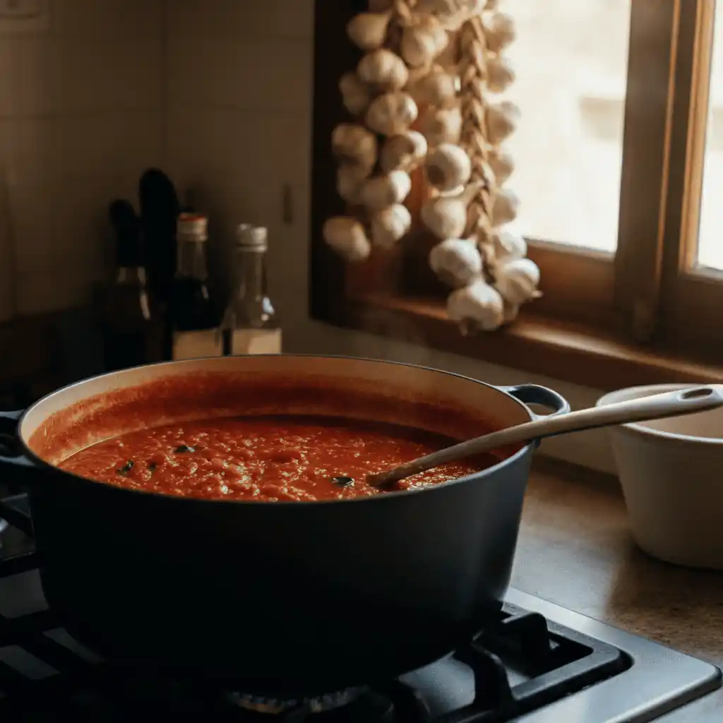 Jar of 32 oz marinara sauce on a kitchen counter with a measuring cup and a plate of spaghetti.