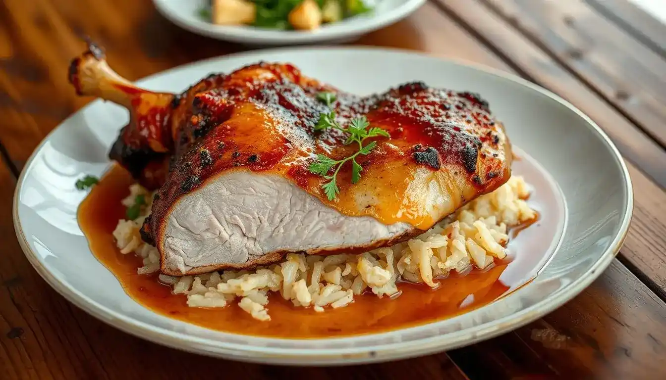 A perfectly seared duck breast served with tangy sauerkraut on a white plate, garnished with herbs for a gourmet presentation