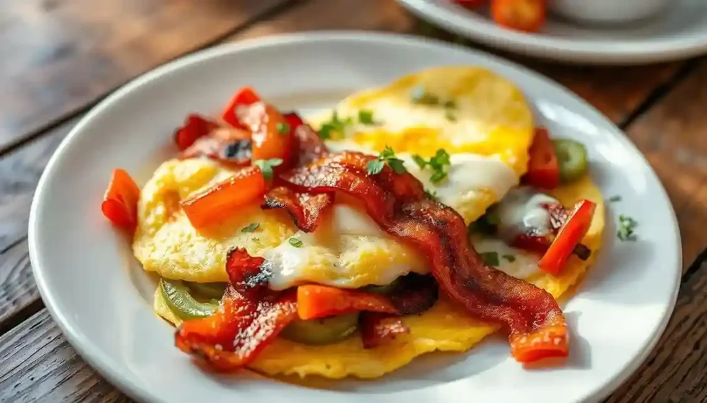 Omelette filled with bacon, bell peppers, and vegan cheese, garnished with parsley, served with toast and avocado slices.