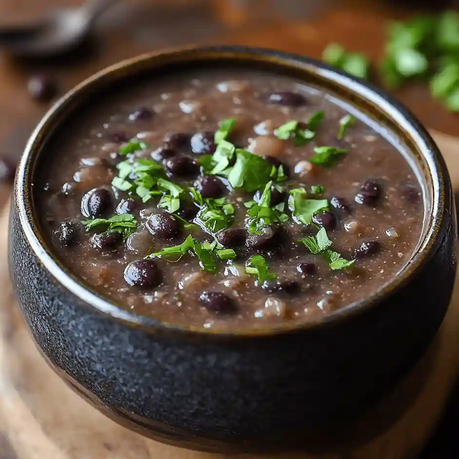 A bowl of purple black bean soup garnished with fresh herbs and a sprinkle of seasoning, showcasing its rich, deep color and texture.