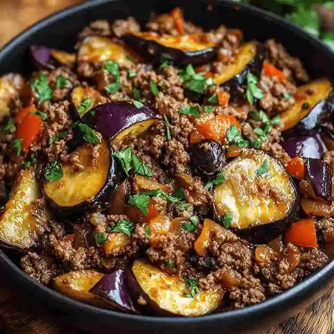 Eggplant and ground beef skillet with a rich tomato sauce, garnished with fresh parsley, served in a rustic bowl.