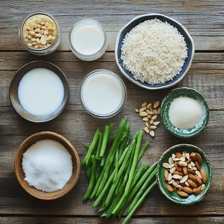 A bowl of sweet green bean dessert, featuring soft-cooked mung beans in a creamy coconut milk base, garnished with sesame seeds and a drizzle of syrup
