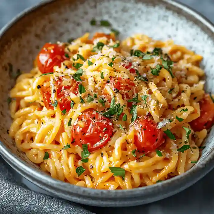 Delicious risoni pasta dish with fresh vegetables, herbs, and a savory sauce, served in a bowl."