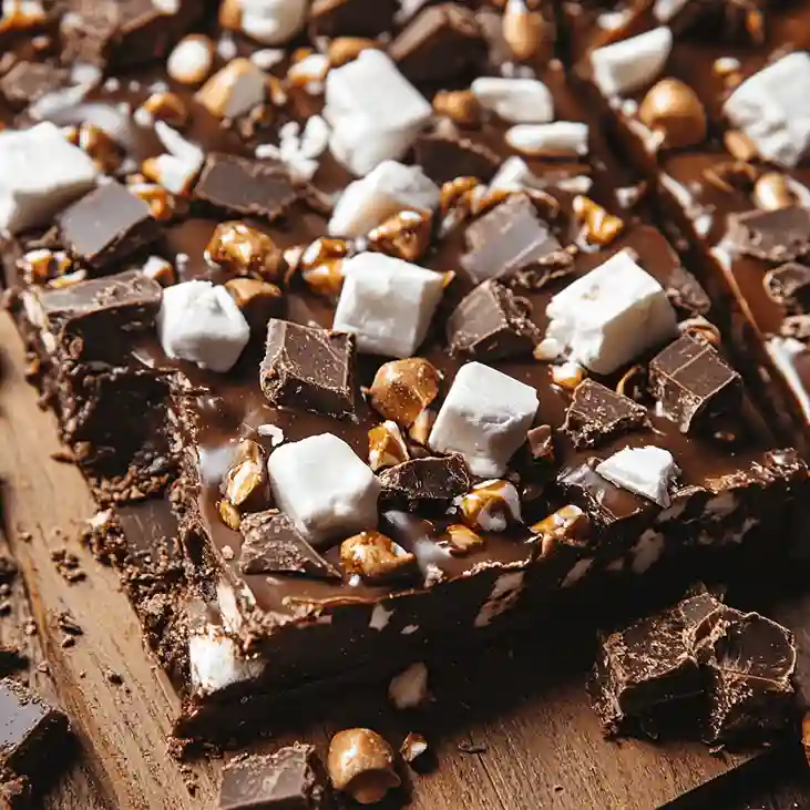 Homemade rocky road bars with melted chocolate, mini marshmallows, and crunchy nuts, cut into squares and ready to serve