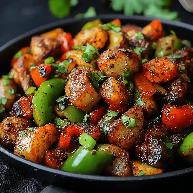 Blackened chicken breast with sautéed green peppers and onions in a skillet, garnished with parsley and lime.