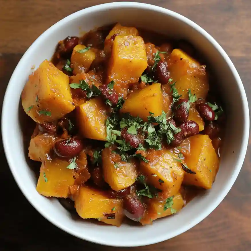 A plate of squash and kidney bean stew, featuring chunks of tender squash and beans in a rich, flavorful sauce, garnished with herbs.