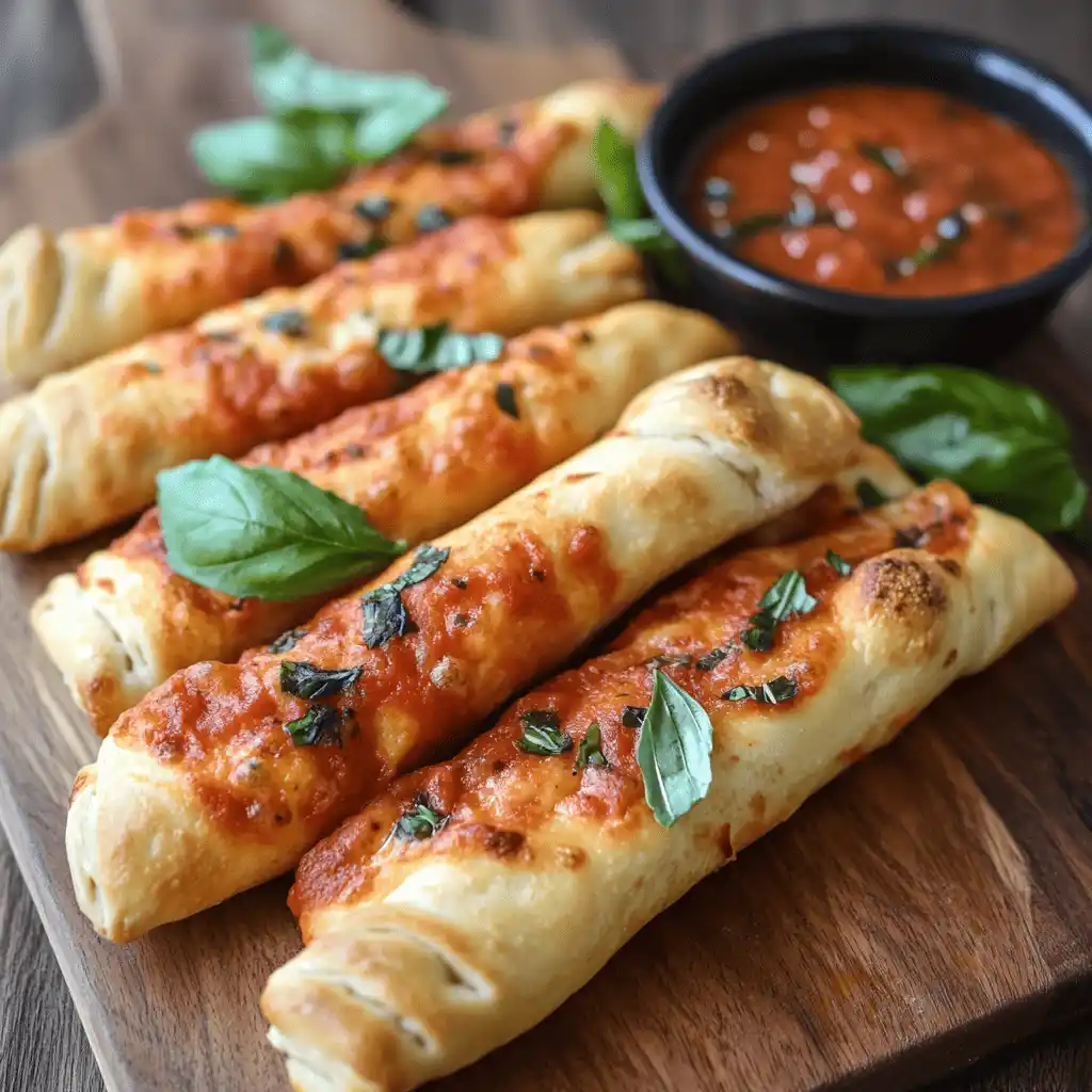 Cheese-stuffed breadsticks on a wooden platter with a bowl of marinara sauce, garnished with parsley and Parmesan