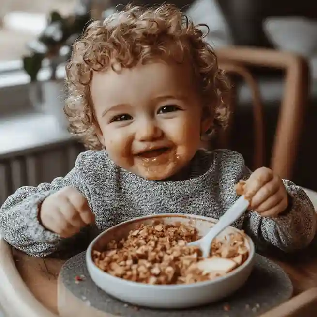 Baby-friendly apple crumble with soft baked apples and an oat crumble topping, served in a small bowl with a spoon.