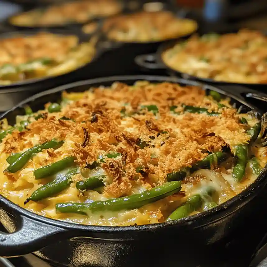 A serving of green bean casserole, featuring tender green beans, a creamy sauce, and a crunchy fried onion topping, ideal for catering events in Rhode Island.