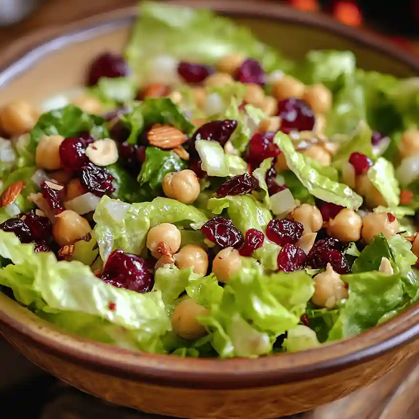 A fresh bowl of lettuce cranberry nuts chickpea salad, featuring crisp greens, sweet dried cranberries, crunchy nuts, and protein-rich chickpeas, drizzled with a light vinaigrette dressing.