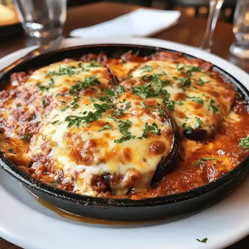 Maggiano’s-style eggplant Parmesan with crispy breaded layers, marinara sauce, melted mozzarella, and fresh basil on a white plate.