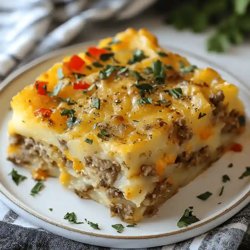 Cheesy potato bake with golden brown crust, layered with creamy sauce and baked to perfection