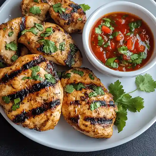 Grilled chicken breasts marinated in a red pepper Mexican-style sauce, garnished with cilantro and lime, served with grilled vegetables.