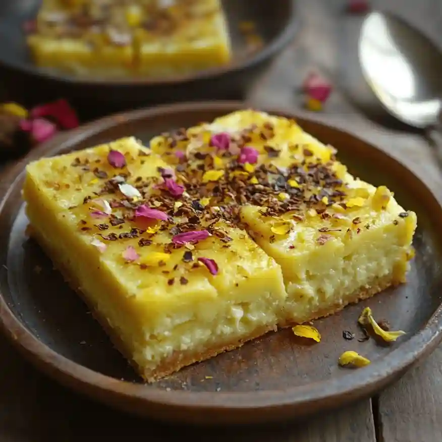 A plate of Shahi Tukda, featuring crispy golden-fried bread slices soaked in sugar syrup, topped with creamy rabri, chopped nuts, and saffron strands.