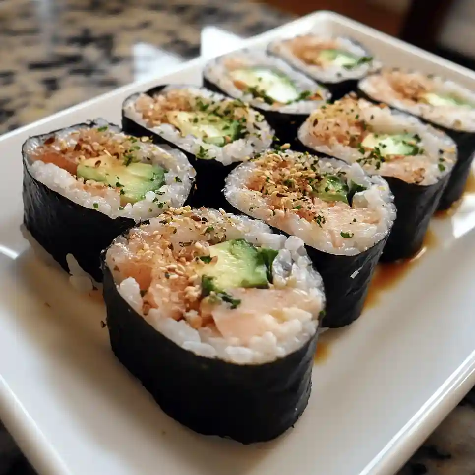 Low-sodium sushi platter with cucumber rolls, avocado nigiri, and salmon sashimi, garnished with radish slices and microgreens."