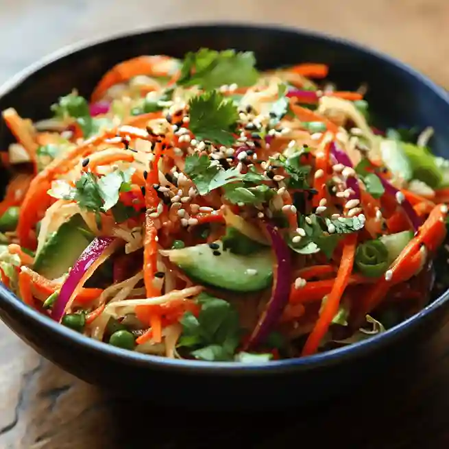 Colorful Wombok Salad with shredded Chinese cabbage, crispy noodles, nuts, and sesame dressing served in a bowl.