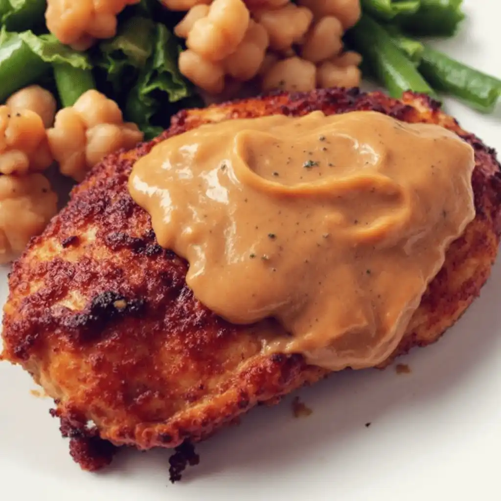 Delicious Peanut Butter Chicken served over a bed of fluffy rice, garnished with fresh herbs and sliced vegetables, showcasing a creamy, golden peanut sauce drizzled over succulent chicken pieces.