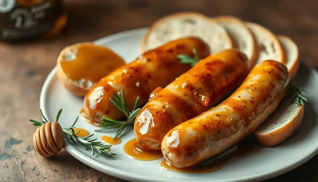 Homemade honey garlic sausages on a wooden board, garnished with fresh herbs and drizzled with honey.