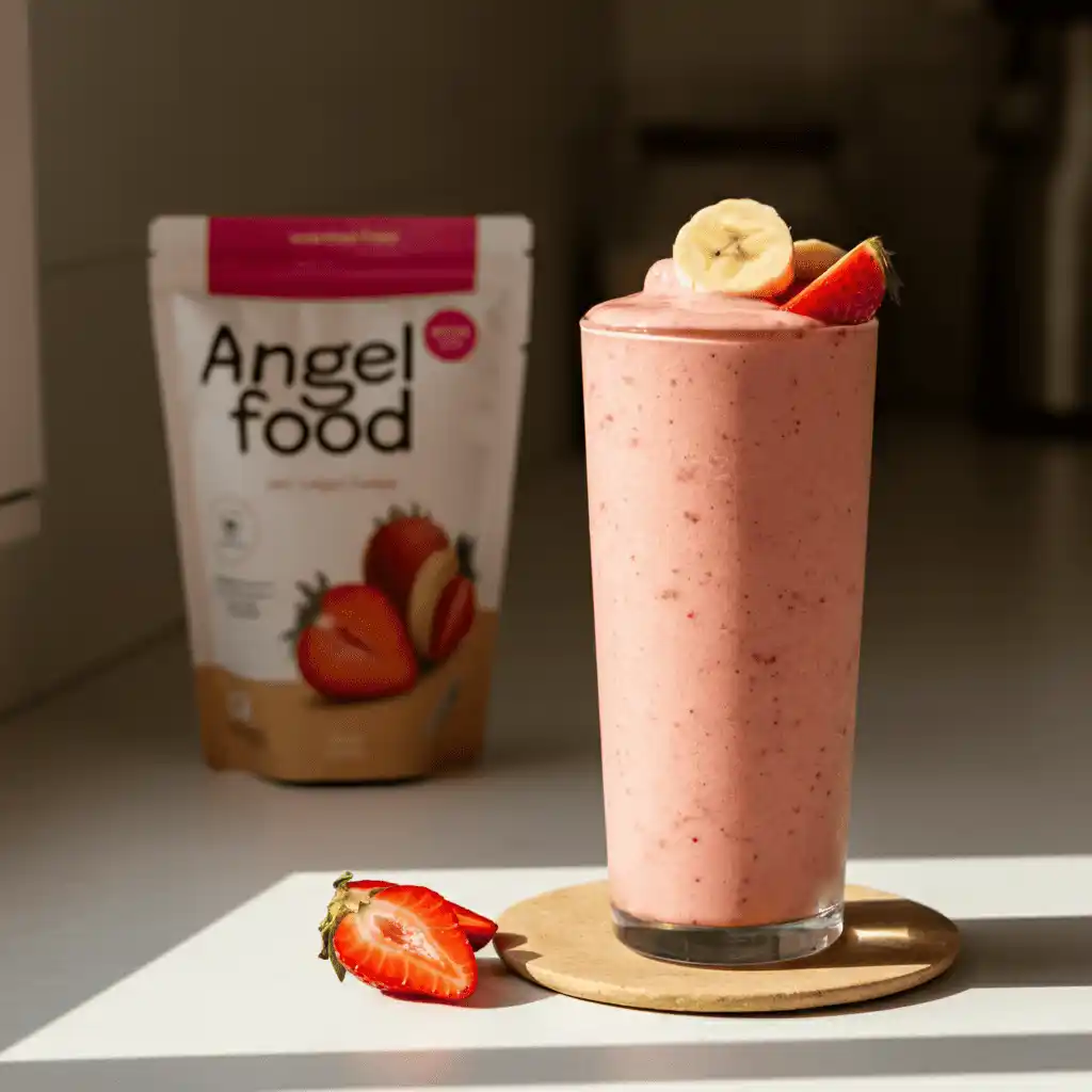 A refreshing smoothie with a blend of banana, strawberries, pineapple, and non-fat yogurt, resembling Smoothie King's Angel Food recipe. smoothie king angel food recipe​