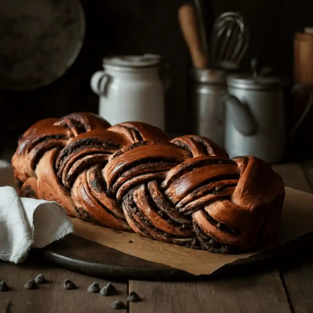 Freshly baked braided chocolate chip brioche with a golden crust and soft, fluffy interior, placed on a wooden surface.