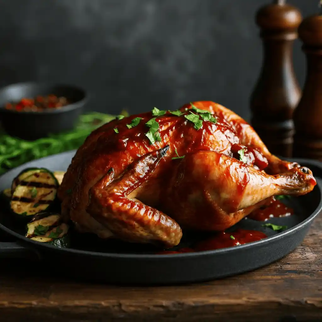 Braised chicken with BBQ sauce served with roasted vegetables, showcasing tender, golden-brown chicken glazed with rich BBQ sauce.