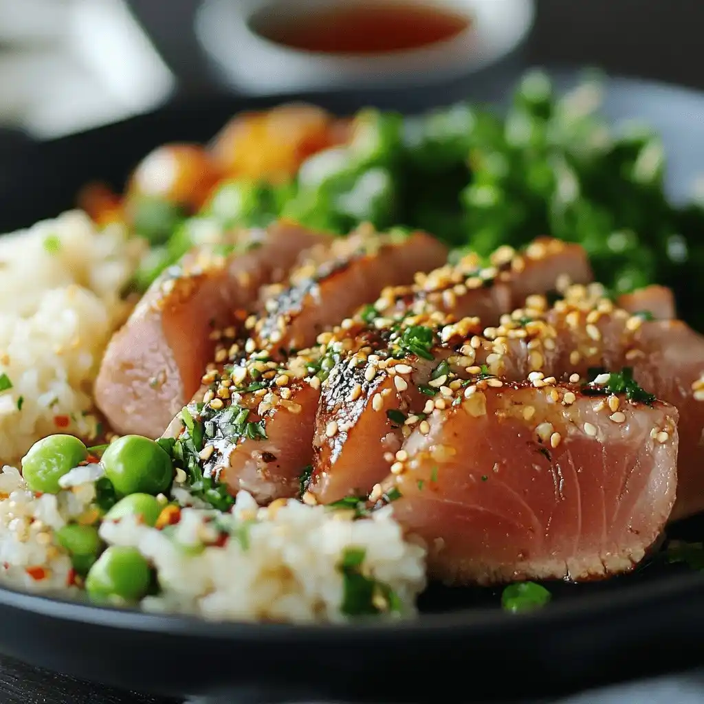 Seared ahi tuna recipe – perfectly cooked tuna steak with a sesame crust, sliced and served with soy sauce and garnishes. Step-by-step cooking guide.