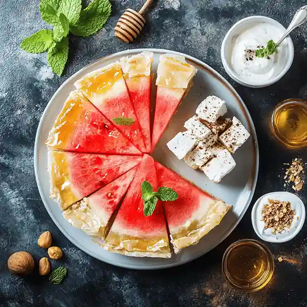Traditional Greek watermelon dessert with fresh watermelon slices, honey, and feta, served on a plate