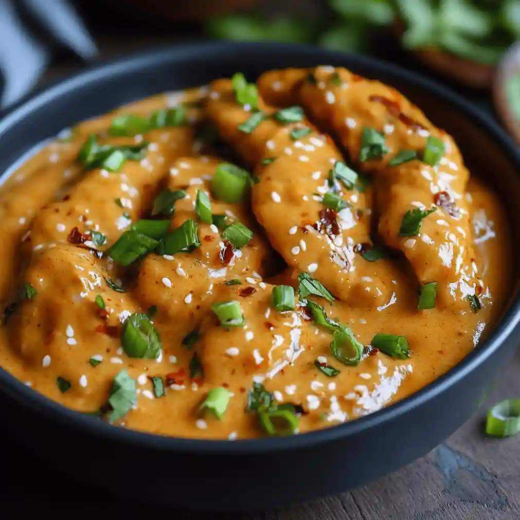 A small bowl of creamy Bang Bang Sauce, garnished with sesame seeds, surrounded by fresh ingredients like chili sauce, mayonnaise, and garlic, showcasing a homemade recipe.