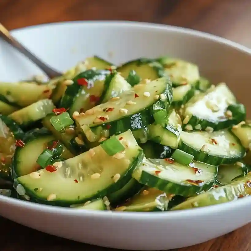 Image showing the steps to prepare Din Tai Fung Cucumber Salad, featuring crisp cucumber slices in a bowl, ingredients like soy sauce, rice vinegar, sugar, garlic, chili oil, and sesame oil on the side, and a final garnish of chili flakes. The salad is presented in a simple, elegant style typical of Asian cuisine. din tai fung cucumber salad recipe​