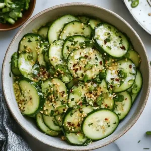 Image showing the steps to prepare Din Tai Fung Cucumber Salad, featuring crisp cucumber slices in a bowl, ingredients like soy sauce, rice vinegar, sugar, garlic, chili oil, and sesame oil on the side, and a final garnish of chili flakes. The salad is presented in a simple, elegant style typical of Asian cuisine.