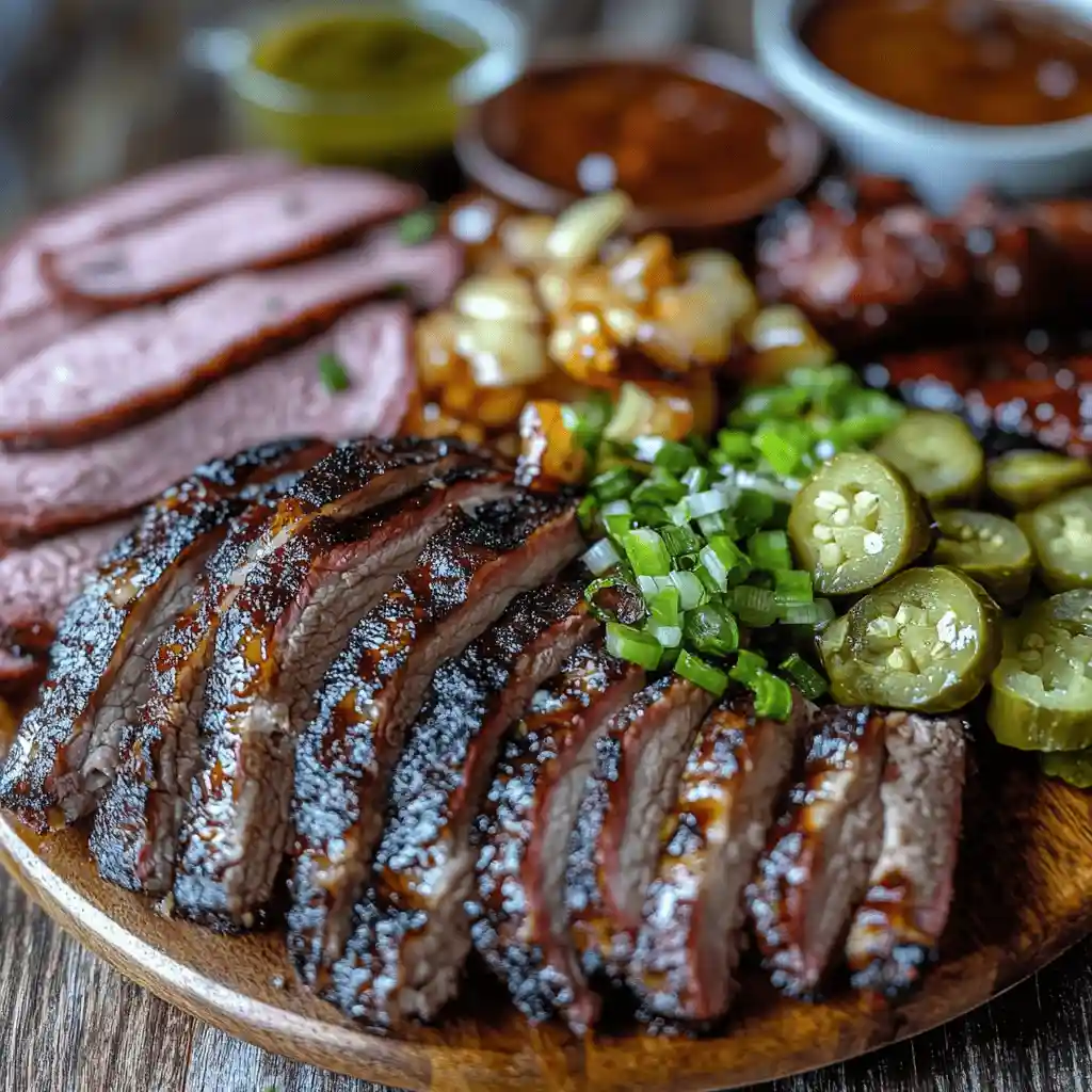 A variety of smoked meats, including brisket, ribs, and chicken, cooked on a pellet smoker with a smoky, caramelized crust.