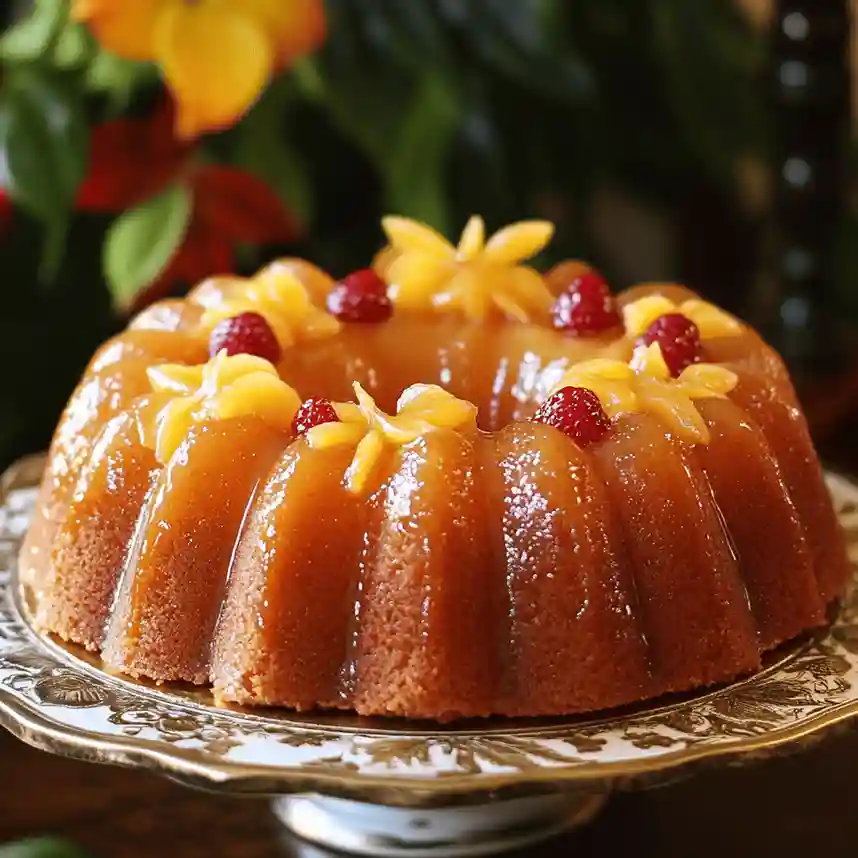 Moist and rich Caribbean rum cake with a golden glaze, topped with pecans.