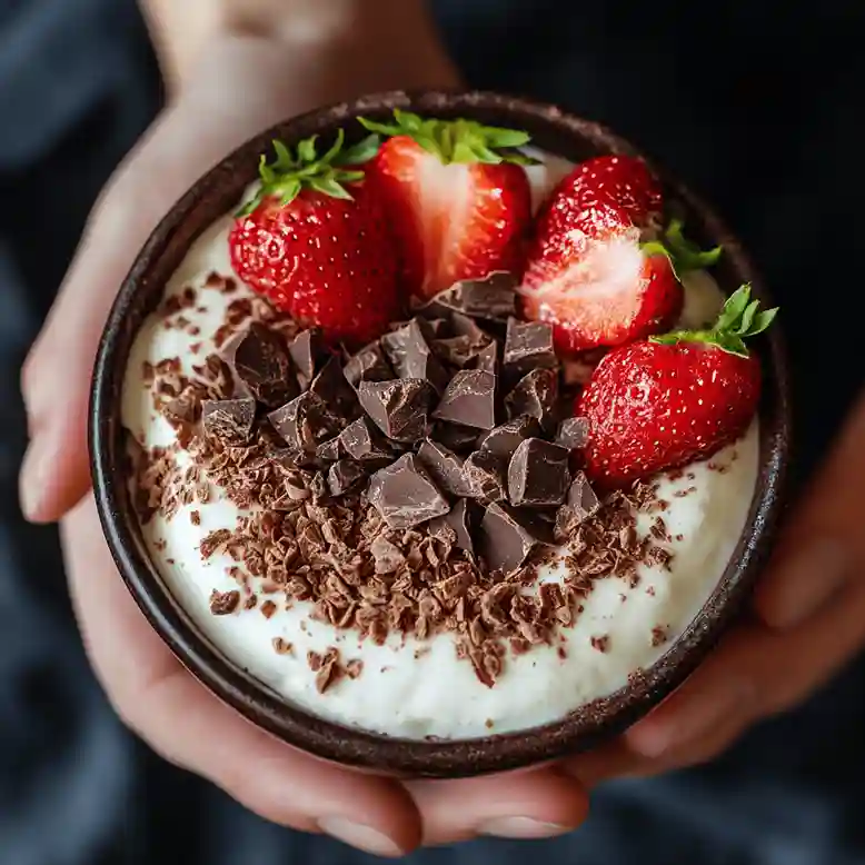 Silky smooth cottage cheese chocolate mousse served in a glass, topped with cocoa powder and fresh berries. Delicious cottage cheese chocolate mousse