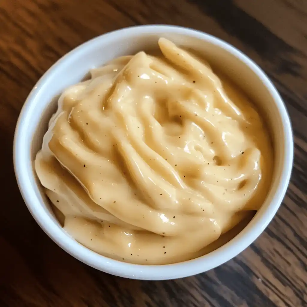 mac sauce recipe A small glass bowl filled with creamy mac sauce, surrounded by fresh ingredients like garlic and mustard, showcasing a flavorful homemade recipe.