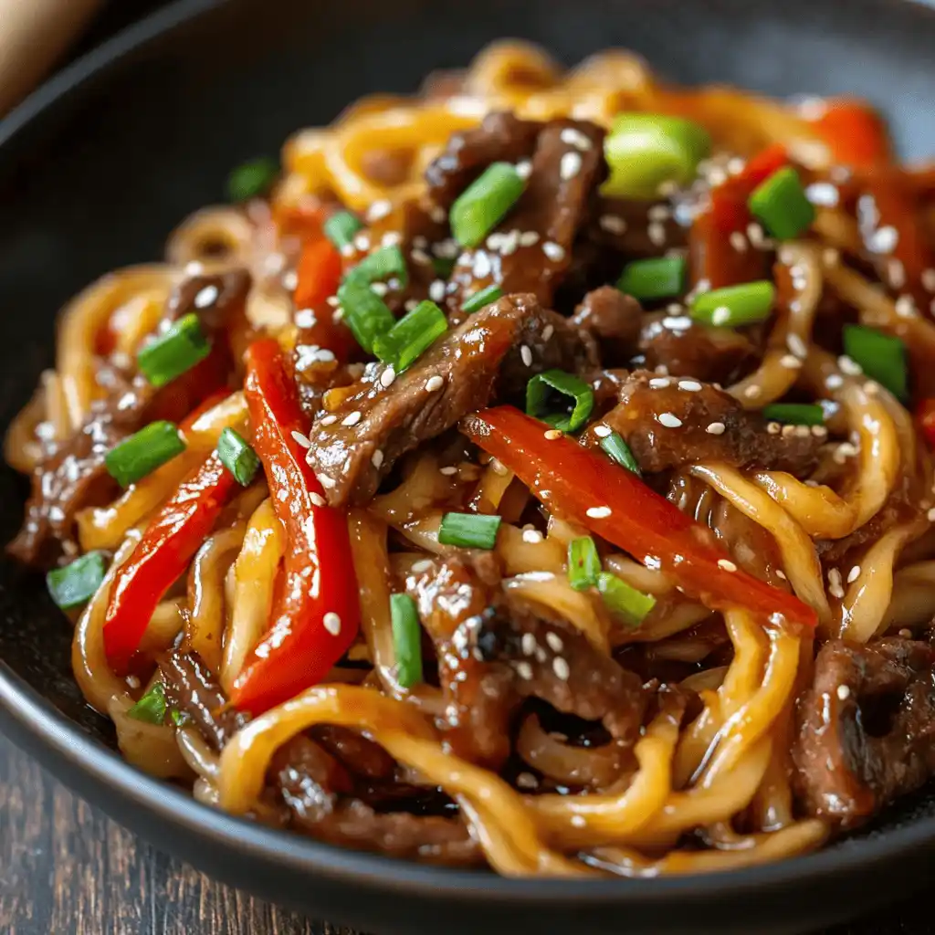 A bowl of homemade Mongolian BBQ with beef, vegetables, and noodles, topped with sesame seeds and green onions. Easy mongolian bbq recipe