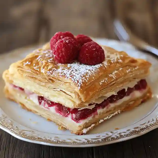 Golden, flaky puff pastry desserts filled with fruit, chocolate, and cream, beautifully arranged on a plate