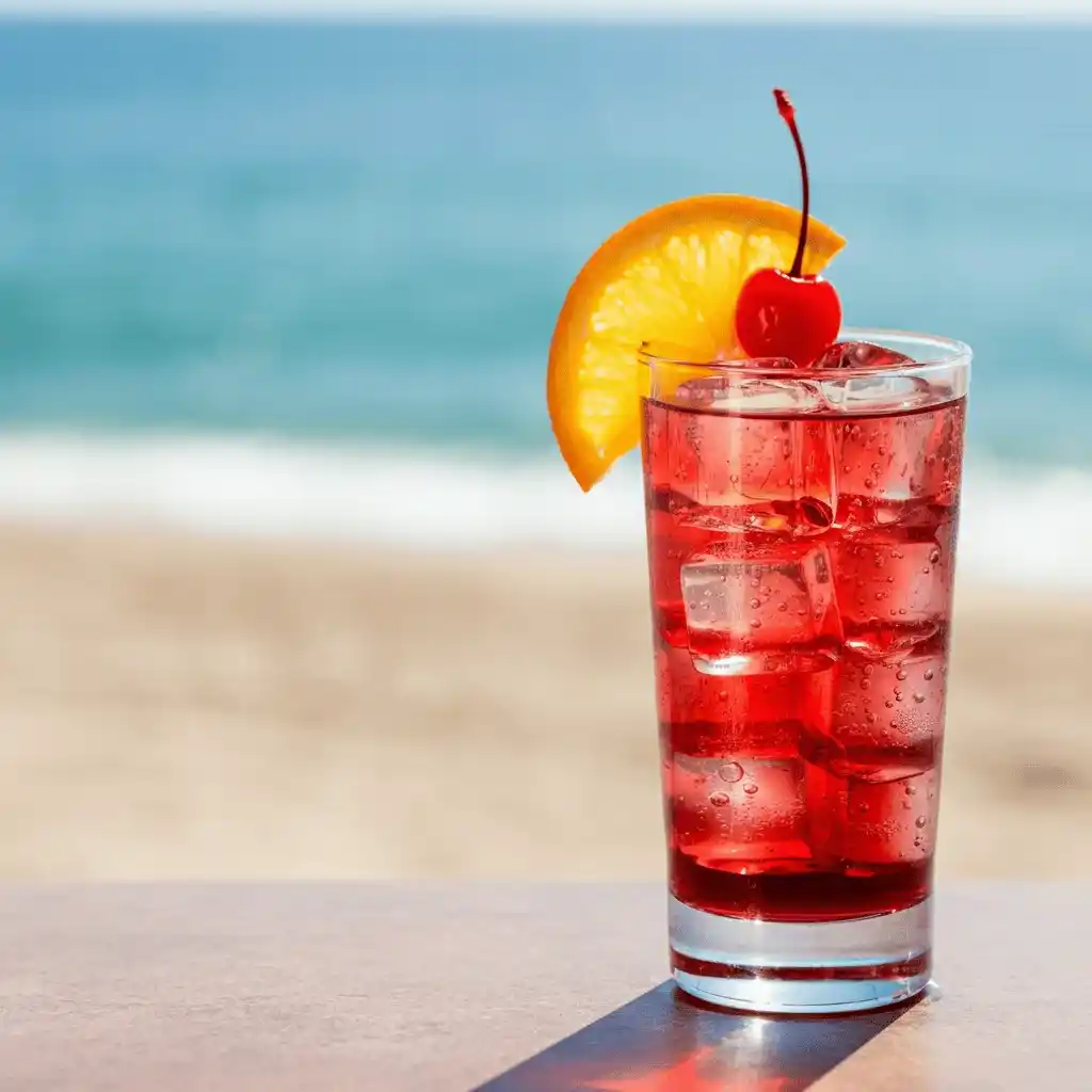 Colorful Shirley Temple drink in a glass, garnished with a maraschino cherry, showcasing the vibrant mix of grenadine and lemon-lime soda