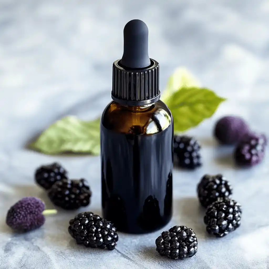 DIY French Mulberry Bug Spray in a clear spray bottle, surrounded by fresh French mulberries and green leaves, on a wooden surface, illustrating a natural and homemade insect repellent solution