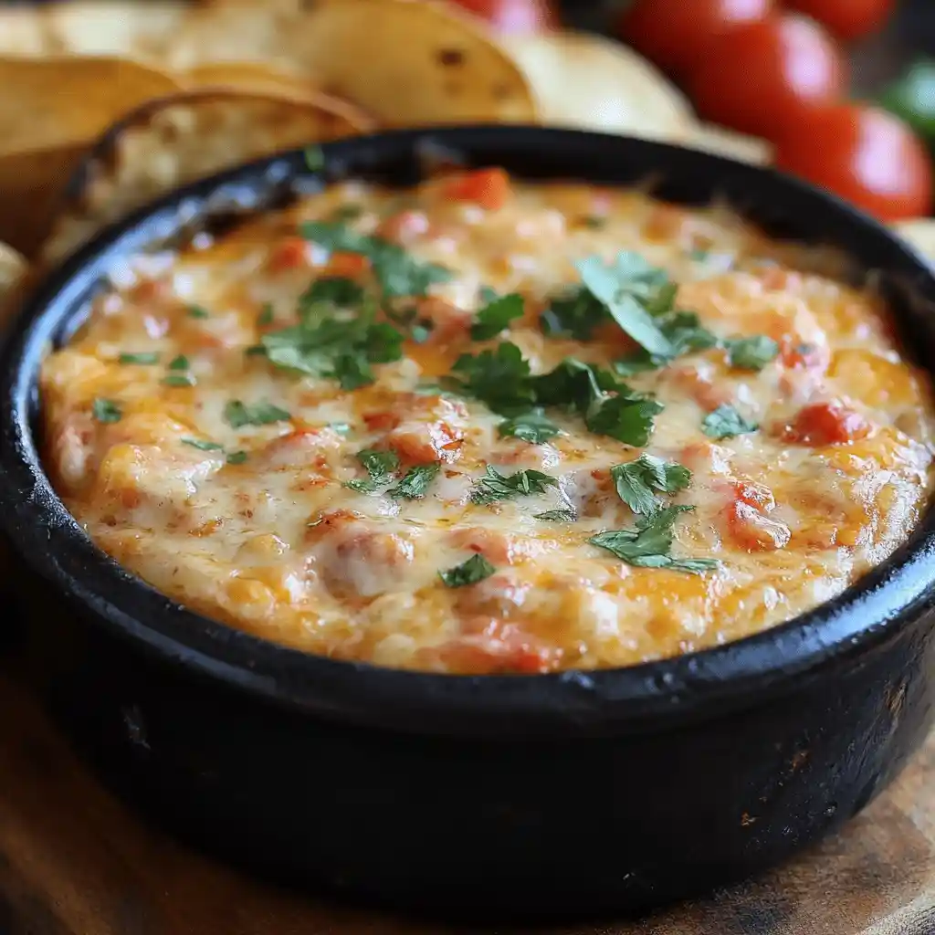 Bowl of irresistible Rotel dip with melted cheese, ground beef, and diced tomatoes, served with crispy tortilla chips. rotel dip recipe