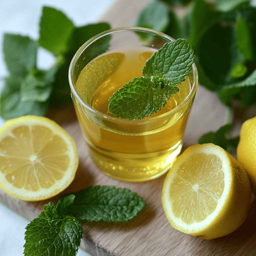 Fresh lemon balm leaves steeped in a clear glass cup, with lemon slices and a cinnamon stick, set on a wooden table. Ideal for a weight loss regimen. Lemon Balm Recipe for Weight Loss