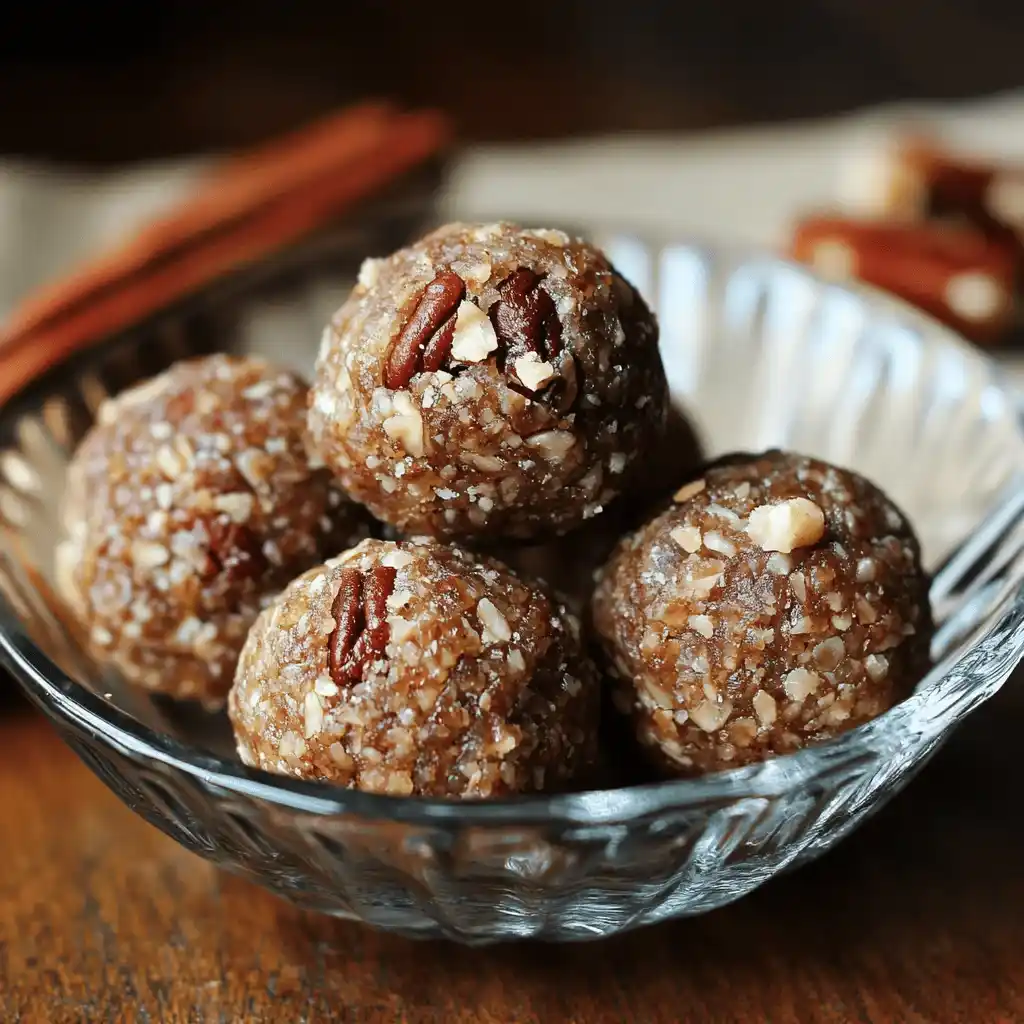 Image of homemade Pecan Pie Balls arranged on a festive plate. Each ball is coated in a glossy chocolate candy shell, sprinkled with crushed pecans, and sits amidst holiday decorations, conveying a warm, inviting holiday treat vibe. pecan pie balls recipe